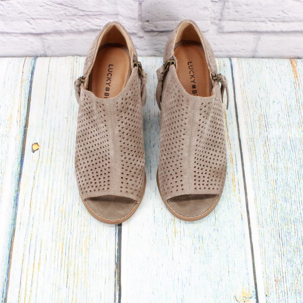 *Lucky Brand Brown Suede Side Zipper Perforated Wedge Heel Sandals Size 8 Inches - Picture 5 of 10